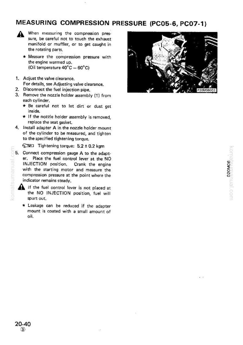 May include: A technical diagram with instructions for measuring compression pressure, including steps for adjusting valve clearance and connecting a compression gauge. The image includes a diagram of an engine component.
