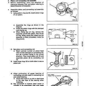 May include: Diagram of piston and connecting rod assembly, with detailed illustrations of components like piston rings, piston pin, and snap rings. Includes text instructions for assembly and disassembly.