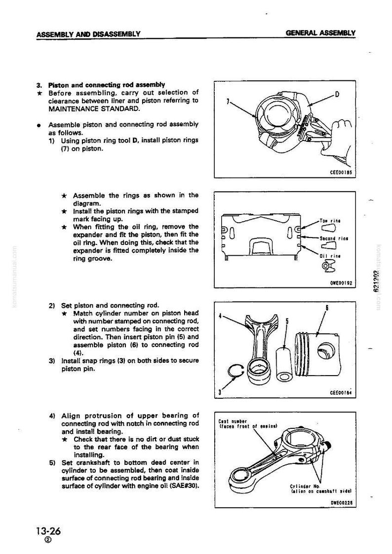 May include: Diagram of piston and connecting rod assembly, with detailed illustrations of components like piston rings, piston pin, and snap rings. Includes text instructions for assembly and disassembly.
