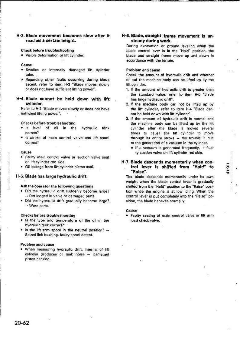 May include: A page from a manual with troubleshooting steps for a blade. The text includes causes and checks for issues like slow blade movement, hydraulic drift, and unsteady frame movement. Diagrams and text are in black.