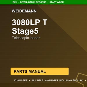 May include: A digital parts manual for a Weidemann 3080LP T Stage5 telescopic loader. The cover is brown with white text, including "PARTS MANUAL" in a yellow box. The manual is 1016 pages and available in multiple languages.
