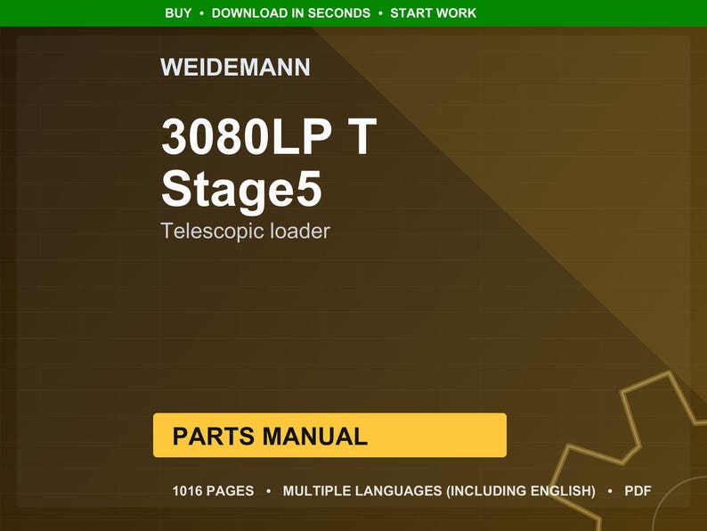 May include: A digital parts manual for a Weidemann 3080LP T Stage5 telescopic loader. The cover is brown with white text, including "PARTS MANUAL" in a yellow box. The manual is 1016 pages and available in multiple languages.