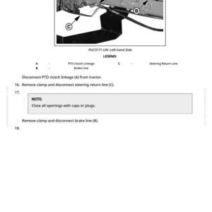 May include: Diagram of tractor components with labels A, B, and C. Text includes instructions to disconnect PTO clutch linkage, steering return line, and brake line. The image also includes the text "PUC3171-UN: Left-hand Side" and "NOTE: Close all openings with caps or plugs."