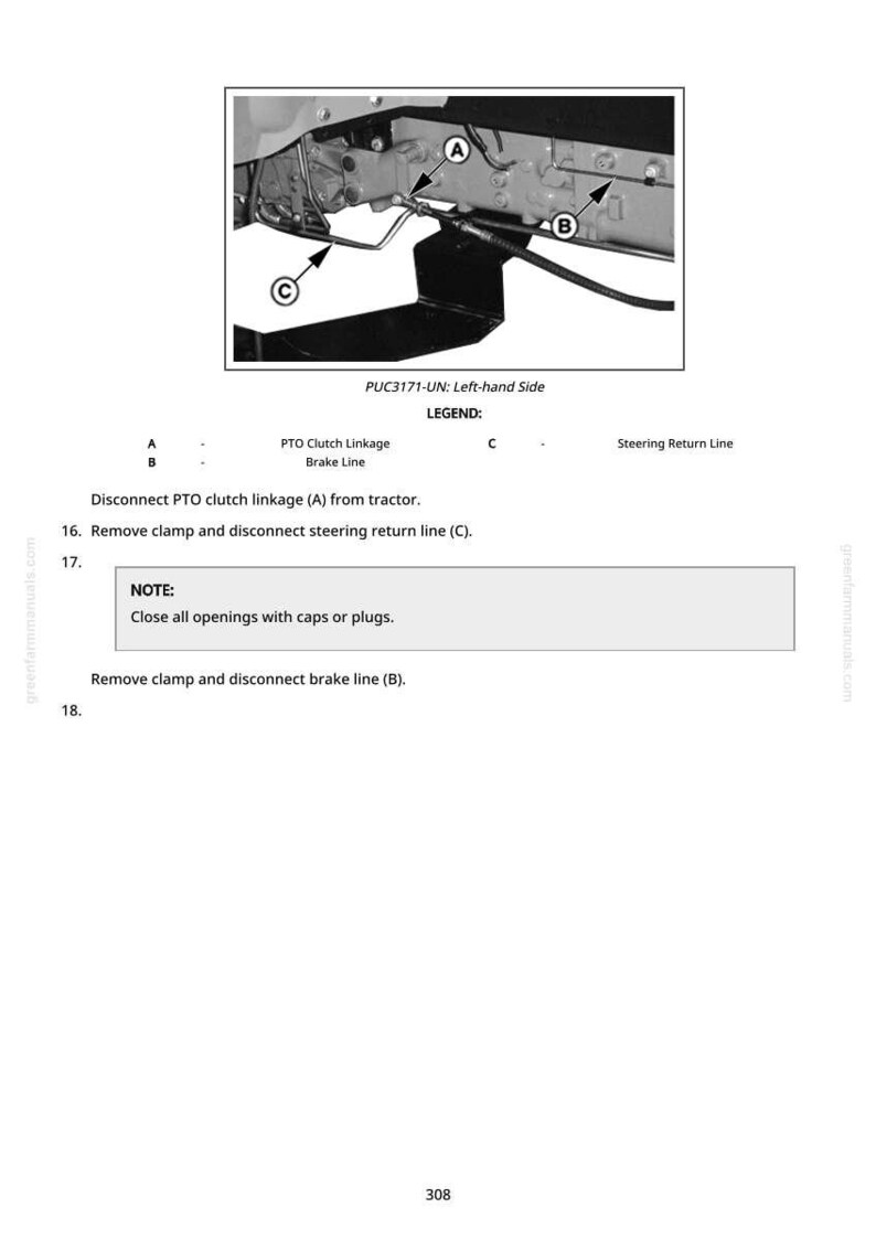 May include: Diagram of tractor components with labels A, B, and C. Text includes instructions to disconnect PTO clutch linkage, steering return line, and brake line. The image also includes the text "PUC3171-UN: Left-hand Side" and "NOTE: Close all openings with caps or plugs."