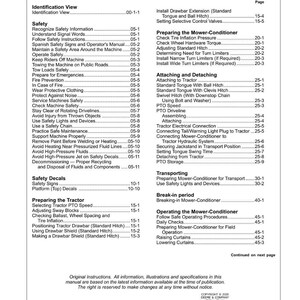 May include: A page from an instruction manual titled "Contents." The table of contents lists safety, operation, and maintenance topics. The manual includes sections on safety decals, tractor preparation, and mower-conditioner procedures.