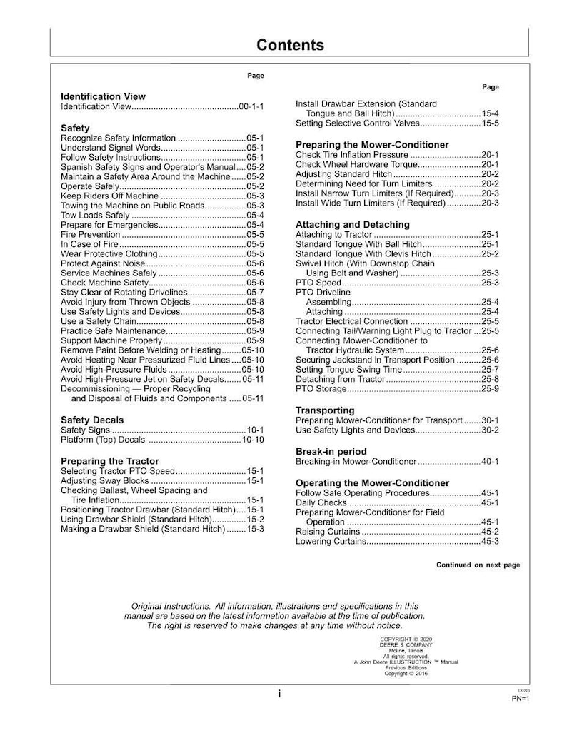 May include: A page from an instruction manual titled "Contents." The table of contents lists safety, operation, and maintenance topics. The manual includes sections on safety decals, tractor preparation, and mower-conditioner procedures.