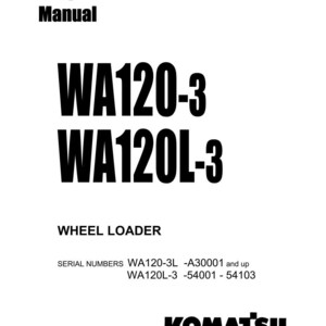 Pu&ograve; includere: Una copertina bianca del manuale d'officina con testo nero. Il titolo "Shop Manual" &egrave; in alto, seguito da "WA120-3" e "WA120L-3". Sotto, &egrave; scritto "WHEEL LOADER". Il logo Komatsu e l'indirizzo del sito web sono in basso.