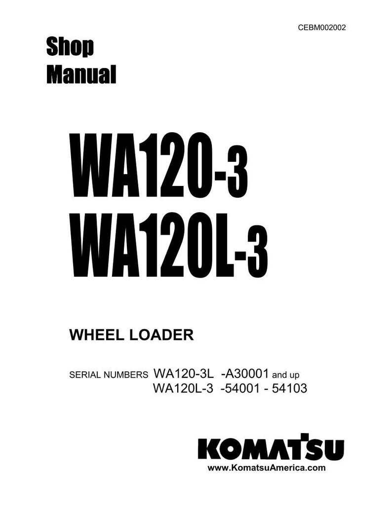 Pu&ograve; includere: Una copertina bianca del manuale d'officina con testo nero. Il titolo "Shop Manual" &egrave; in alto, seguito da "WA120-3" e "WA120L-3". Sotto, &egrave; scritto "WHEEL LOADER". Il logo Komatsu e l'indirizzo del sito web sono in basso.