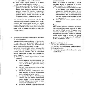 May include: A technical document page with instructions for operating generators in parallel. The text includes steps for increasing and decreasing the number of generators, adjusting frequency, and synchronizing. The document is labeled "EG SERIES" and dated 02-17.