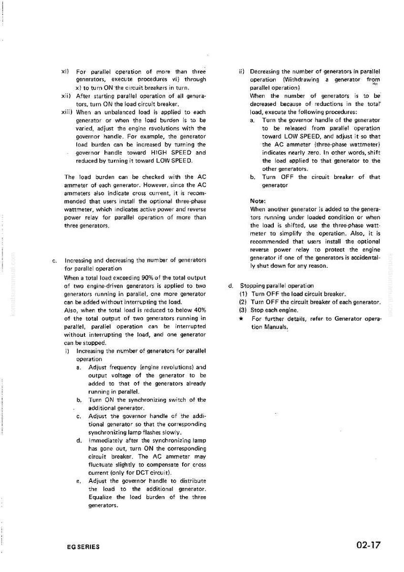 May include: A technical document page with instructions for operating generators in parallel. The text includes steps for increasing and decreasing the number of generators, adjusting frequency, and synchronizing. The document is labeled "EG SERIES" and dated 02-17.