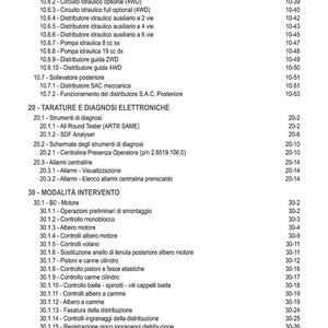 May include: An index page in Italian, listing technical terms and page numbers. Topics include hydraulic systems, electronic diagnostics, and engine maintenance. Page numbers are on the right-hand side of the page.