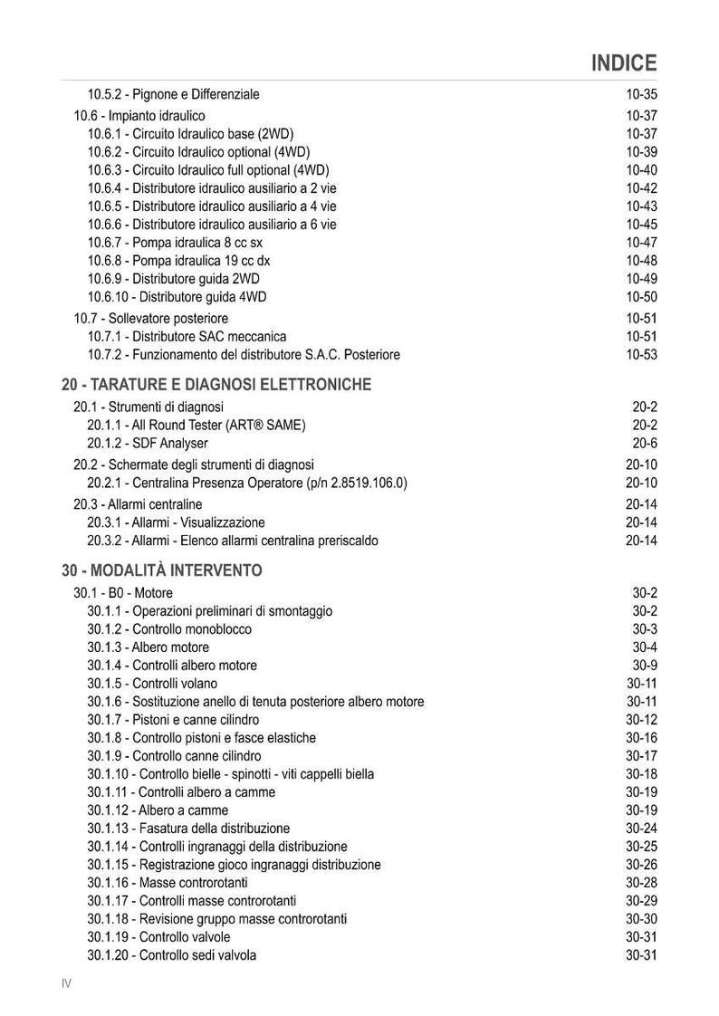 May include: An index page in Italian, listing technical terms and page numbers. Topics include hydraulic systems, electronic diagnostics, and engine maintenance. Page numbers are on the right-hand side of the page.