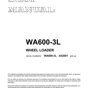 Pu&ograve; includere: Una copertina bianca di manuale d'officina con la scritta "SHOP MANUAL" in grassetto e contornata. Sotto, &egrave; visualizzato il testo "WA600-3L WHEEL LOADER". I numeri di serie sono WA600-3L - A52001 e successivi. La data di pubblicazione &egrave; settembre 1999.
