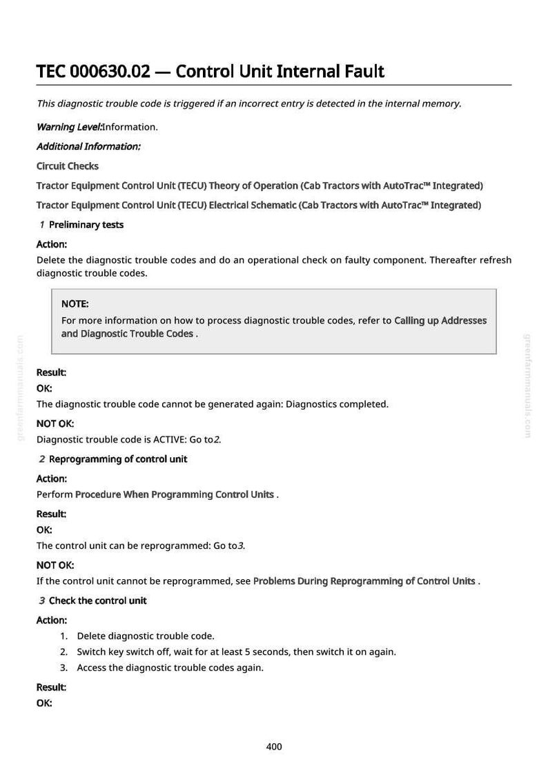 Op de afbeelding: Een technisch document met de titel "TEC 000630.02 - Interne fout van de regeleenheid". Het document bevat instructies voor het oplossen van problemen en het herprogrammeren van een regeleenheid. De tekst is zwart op een witte achtergrond.
