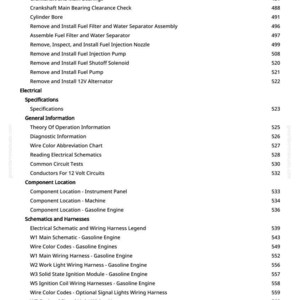 May include: A detailed table of contents from a manual, listing various automotive repair and maintenance topics. The text is in black font on a white background, covering subjects like engine components, electrical systems, and schematics.