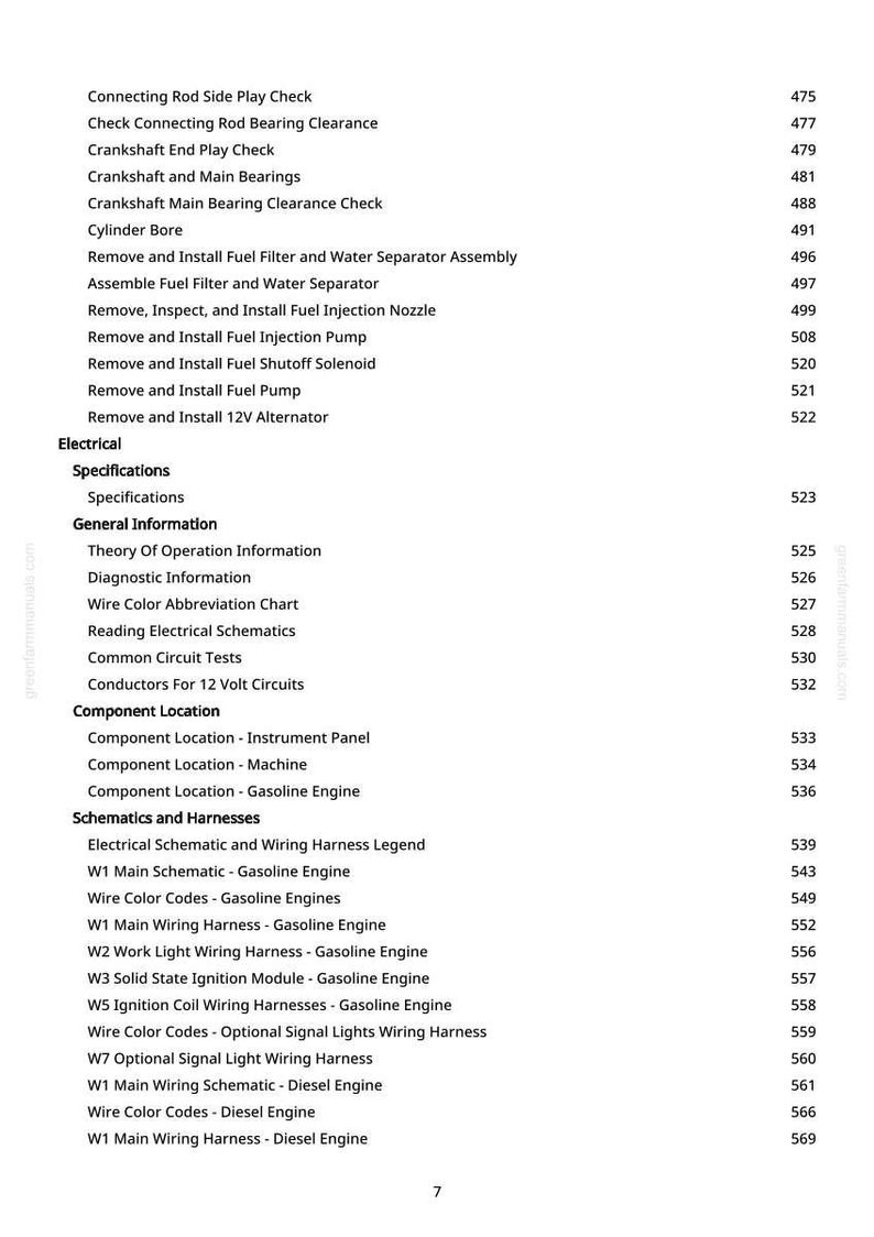 May include: A detailed table of contents from a manual, listing various automotive repair and maintenance topics. The text is in black font on a white background, covering subjects like engine components, electrical systems, and schematics.