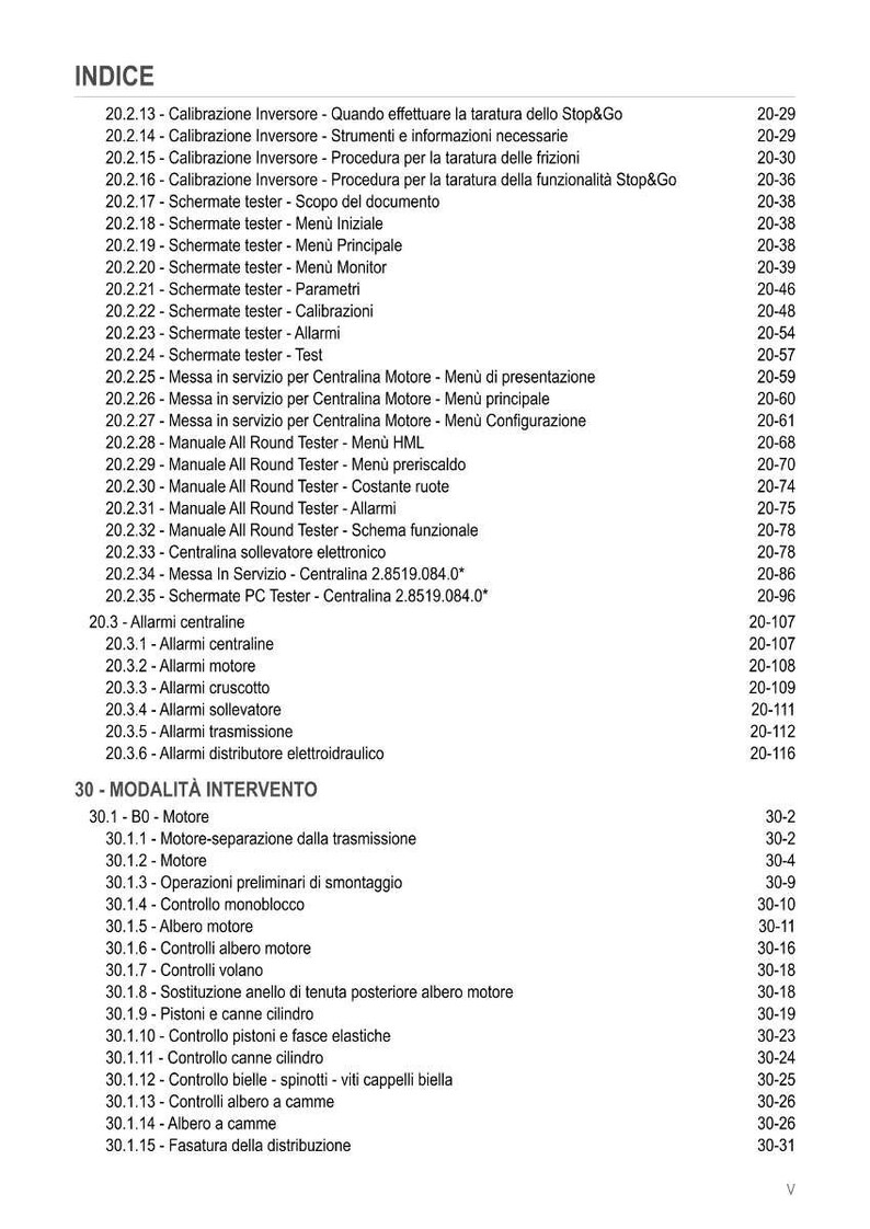 K&ouml;nnte beinhalten: Eine Seite aus einem Handbuch mit der &Uuml;berschrift "INDICE". Die Seite enth&auml;lt eine Liste technischer Begriffe und Seitenzahlen, wie "Calibrazione Inversore" und "Allarmi centraline". Der Text ist auf Italienisch.