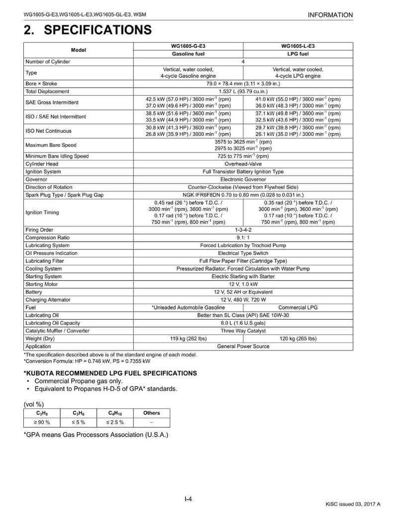 May include: A detailed specifications sheet for WG1605-G-E3 and WG1605-L-E3 engines, including bore and stroke measurements of 79.0 x 78.4 mm (3.11 x 3.09 in.). The document provides technical data on fuel type, cylinder count, and other engine specifications.