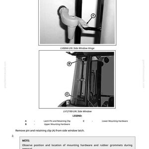 Puede incluir: Diagrama que ilustra la extracci&oacute;n e instalaci&oacute;n de ventanas laterales. La imagen incluye primeros planos de una bisagra de ventana lateral y la propia ventana lateral, con piezas etiquetadas y una leyenda. Tambi&eacute;n se incluyen instrucciones de texto.
