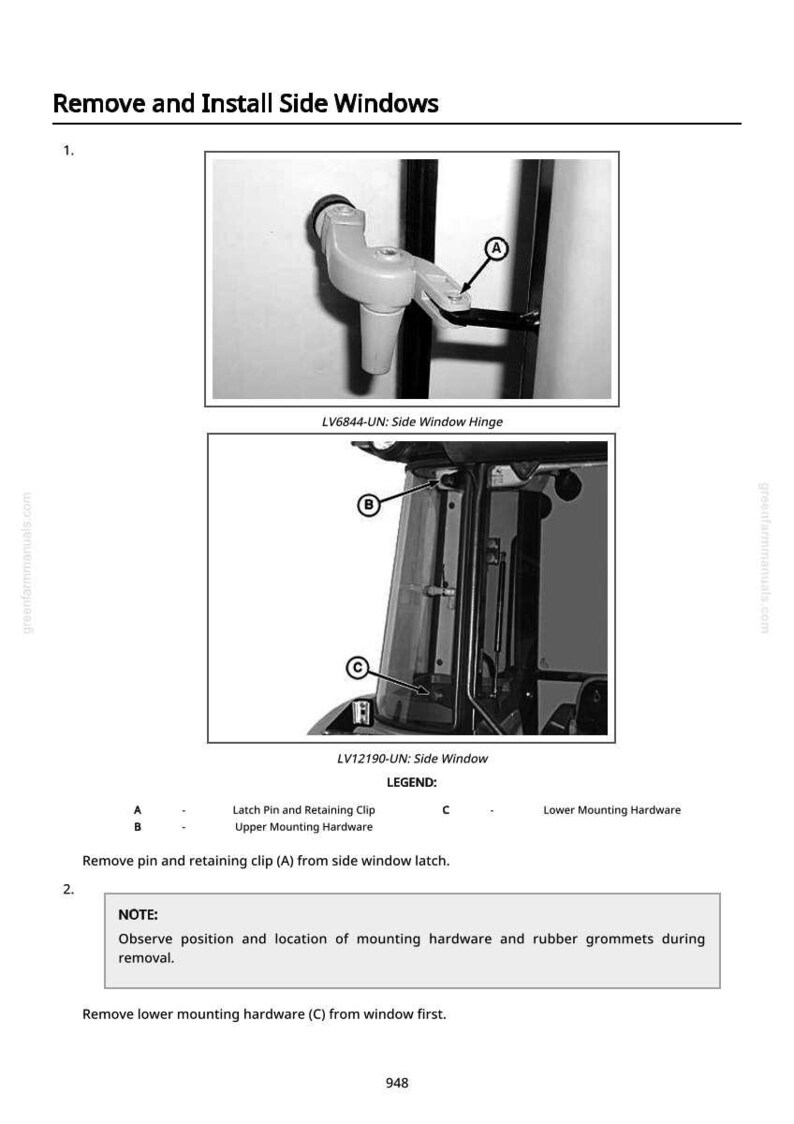 Puede incluir: Diagrama que ilustra la extracci&oacute;n e instalaci&oacute;n de ventanas laterales. La imagen incluye primeros planos de una bisagra de ventana lateral y la propia ventana lateral, con piezas etiquetadas y una leyenda. Tambi&eacute;n se incluyen instrucciones de texto.