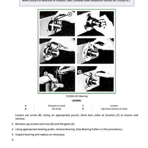 May include: Black and white diagram illustrating bearing removal steps. Text includes "IMPORTANT" and instructions for removing bearings with flangettes. The diagram shows the steps with labels A, B, C, and D, and the text "YC2656-UN: Bearing".
