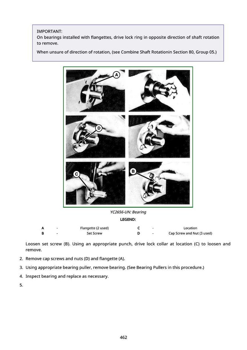 May include: Black and white diagram illustrating bearing removal steps. Text includes "IMPORTANT" and instructions for removing bearings with flangettes. The diagram shows the steps with labels A, B, C, and D, and the text "YC2656-UN: Bearing".