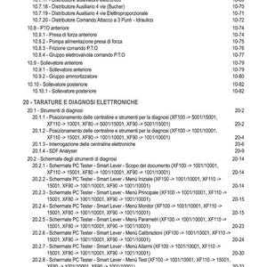 K&ouml;nnte beinhalten: Ein detailliertes Inhaltsverzeichnis aus einem technischen Handbuch mit verschiedenen Abschnitten zu Hydrauliksystemen, elektronischer Diagnose und Traktorwartung. Der Text ist auf Italienisch, mit Seitenzahlen.