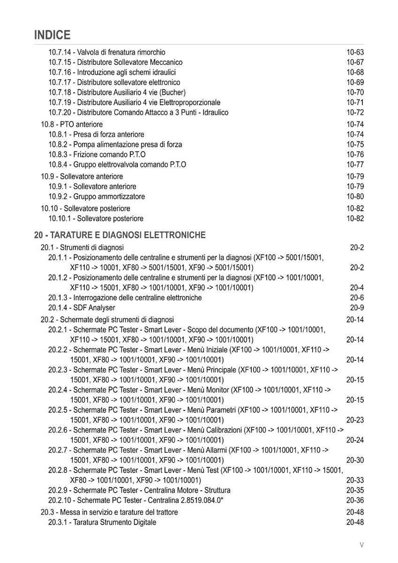 K&ouml;nnte beinhalten: Ein detailliertes Inhaltsverzeichnis aus einem technischen Handbuch mit verschiedenen Abschnitten zu Hydrauliksystemen, elektronischer Diagnose und Traktorwartung. Der Text ist auf Italienisch, mit Seitenzahlen.
