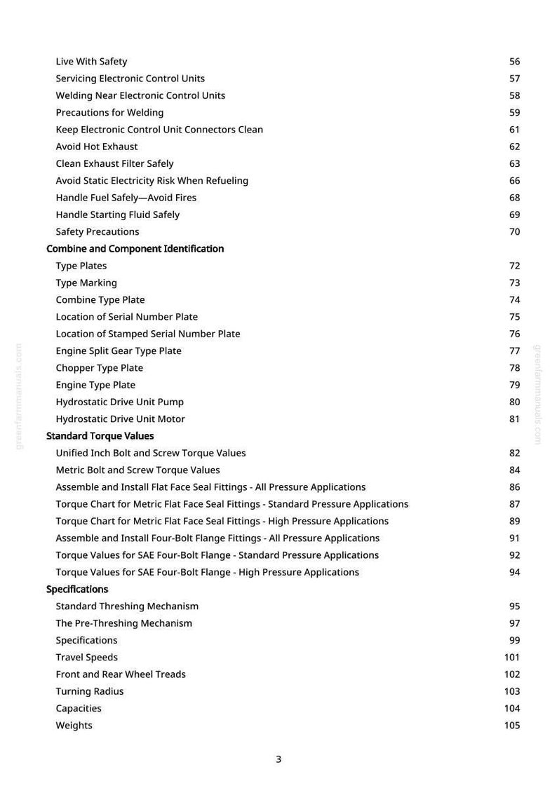 Op de afbeelding: Een pagina uit een handleiding met een inhoudsopgave. De tekst omvat veiligheidsvoorschriften, componentidentificatie, koppelwaarden en specificaties. Het paginanummer is 3.