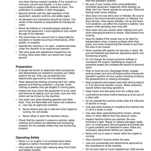 May include: A white page with the title "Safety" and bulleted safety instructions for operating machinery. Text includes warnings about training, operation, and maintenance, with a focus on preventing accidents and injuries.