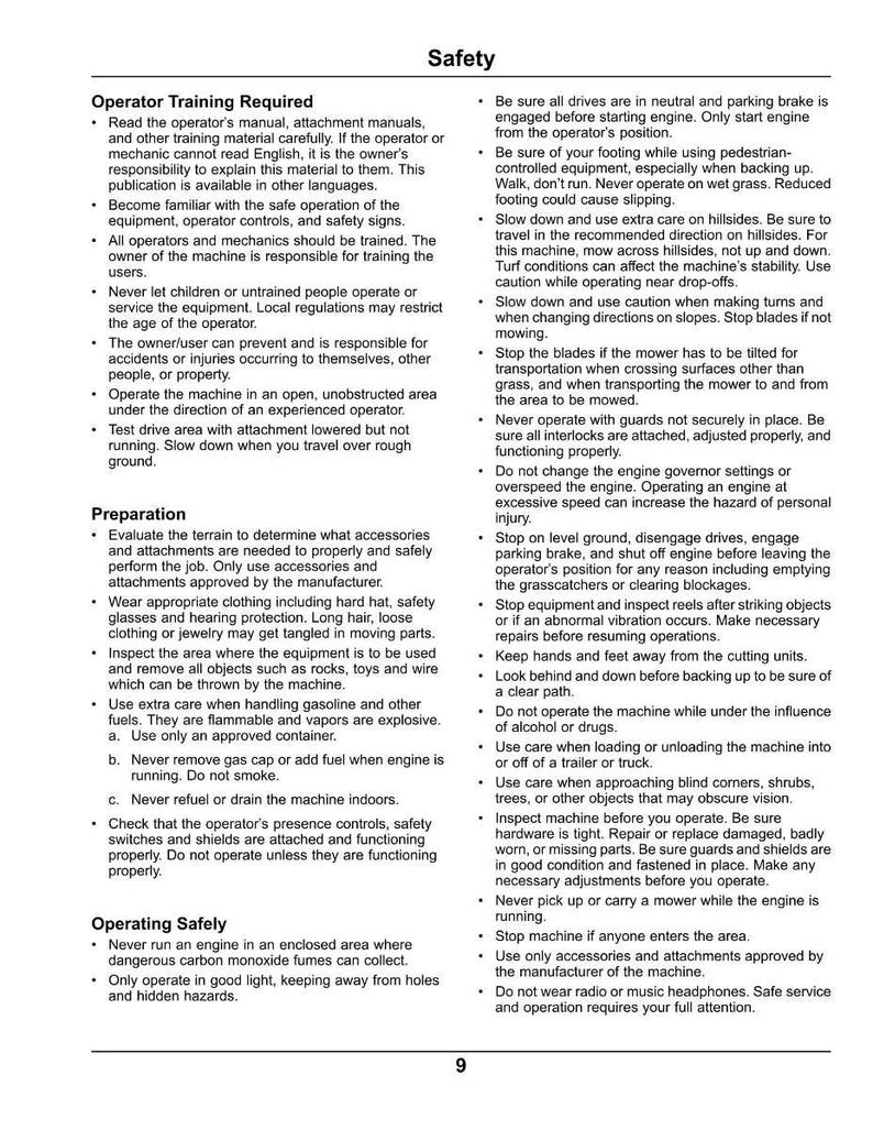 May include: A white page with the title "Safety" and bulleted safety instructions for operating machinery. Text includes warnings about training, operation, and maintenance, with a focus on preventing accidents and injuries.