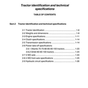 May include: A page from a tractor technical manual. The title reads "Tractor identification and technical specifications." The table of contents lists sections on tractor identification, weights, dimensions, engine, clutch, and transmission specifications.
