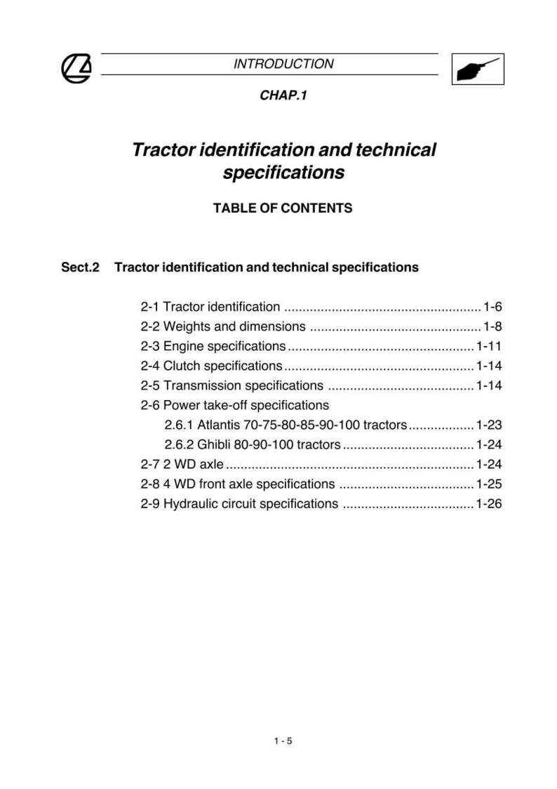 May include: A page from a tractor technical manual. The title reads "Tractor identification and technical specifications." The table of contents lists sections on tractor identification, weights, dimensions, engine, clutch, and transmission specifications.