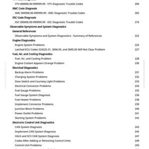 May include: A white page with a detailed table of contents for automotive diagnostics. The text includes diagnostic trouble codes, engine diagnostics, and electrical diagnostics, with page numbers listed on the right.