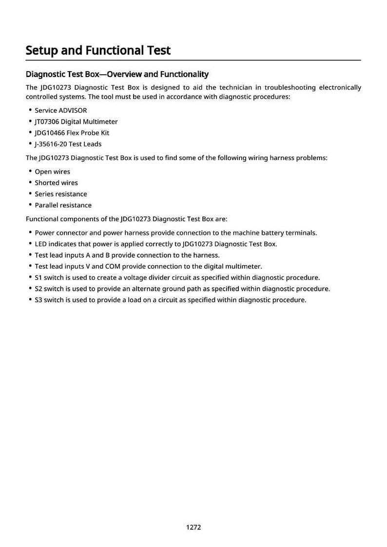 May include: A document titled "Setup and Functional Test" with details on a diagnostic test box, including its overview, functionality, and components. The text lists items like a digital multimeter and test leads, and describes wiring harness problems.