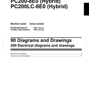 May include: Shop manual for a hydraulic excavator, featuring the models PC200-8E0 (Hybrid) and PC200LC-8E0 (Hybrid). The document includes 90 diagrams and drawings, plus 200 electrical diagrams and drawings. The Komatsu logo is visible at the bottom.
