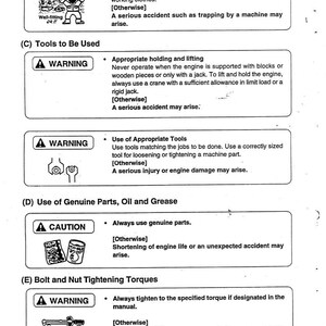 Op de afbeelding: Een pagina uit een handleiding met veiligheidswaarschuwingen en instructies. Secties omvatten werkkleding, gereedschapgebruik en het gebruik van originele onderdelen. De tekst is in het Engels met illustraties van veiligheidssymbolen.