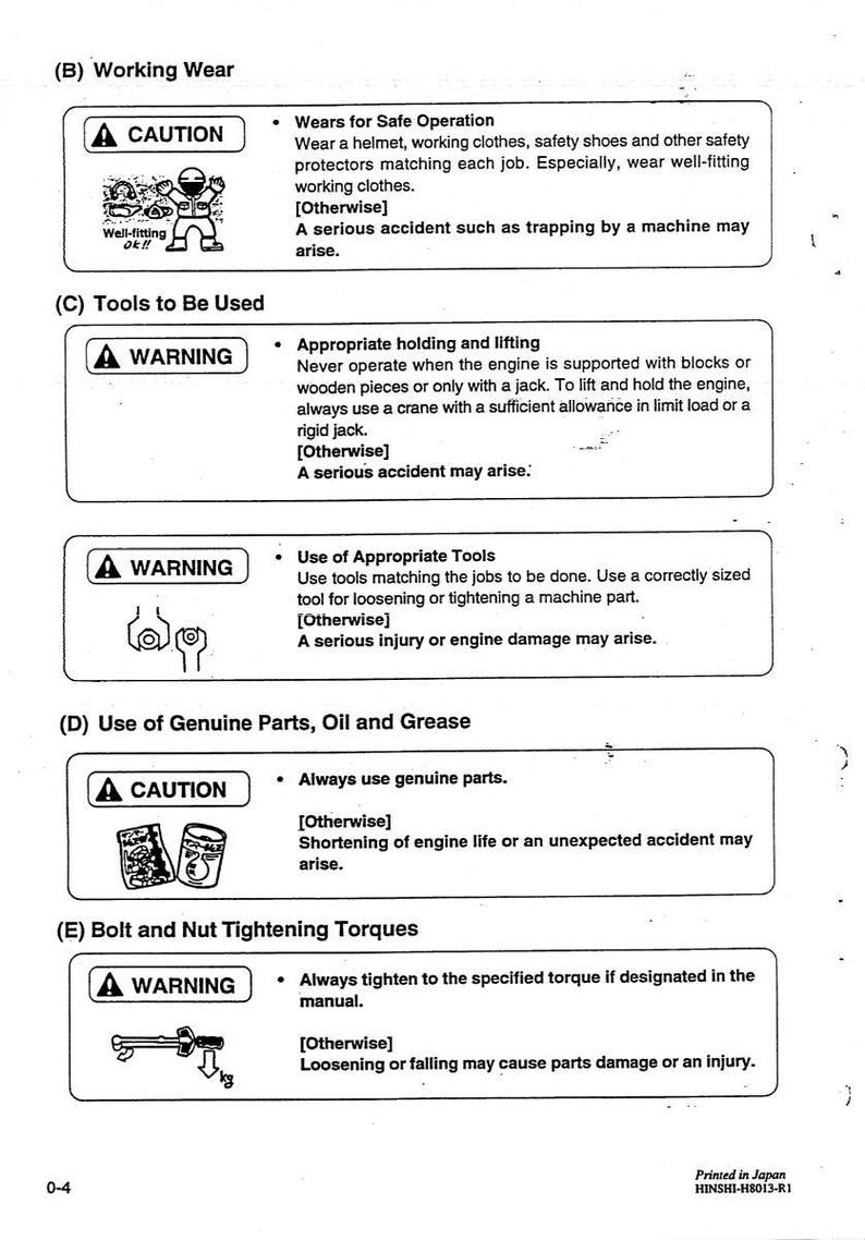 Op de afbeelding: Een pagina uit een handleiding met veiligheidswaarschuwingen en instructies. Secties omvatten werkkleding, gereedschapgebruik en het gebruik van originele onderdelen. De tekst is in het Engels met illustraties van veiligheidssymbolen.