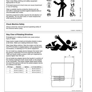 May include: Safety guidelines and diagrams are shown. The image includes text about wearing protective clothing, machine safety, and staying clear of rotating drivelines. A table lists PTO type, diameter in inches, splines, and n &plusmn; 5 mm.