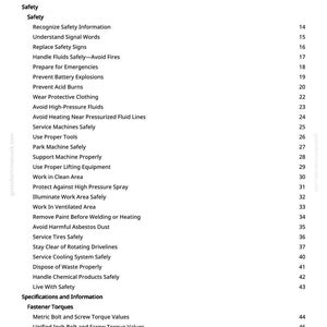 May include: A white page titled "Table of Contents" with a list of safety-related topics. The list includes "Safety," "Prepare for Emergencies," and "Avoid High-Pressure Fluids." Page numbers are listed on the right side.