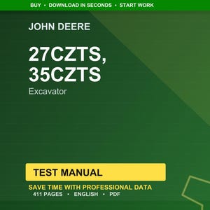 以下が含まれることがあります： 緑色の背景に、John Deereのロゴと27CZTSおよび35CZTS掘削機のモデル名が表示されています。画像には、「TEST MANUAL」という言葉とマニュアルの内容に関する詳細が記載された黄色の長方形が含まれています。