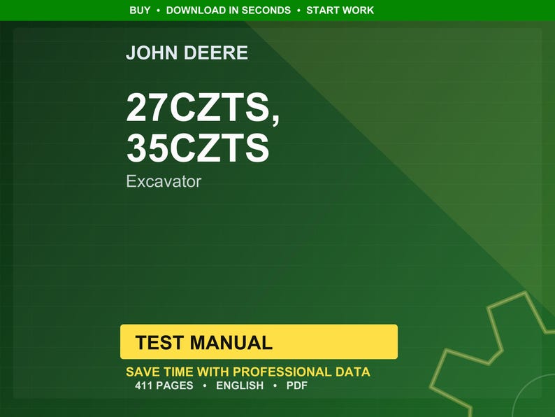 以下が含まれることがあります： 緑色の背景に、John Deereのロゴと27CZTSおよび35CZTS掘削機のモデル名が表示されています。画像には、「TEST MANUAL」という言葉とマニュアルの内容に関する詳細が記載された黄色の長方形が含まれています。