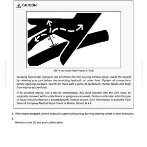 May include: A technical diagram with the text "Remove and Install Steering Valve" and a warning about high-pressure fluids. The diagram includes arrows and a caution symbol, with safety instructions to prevent injury.