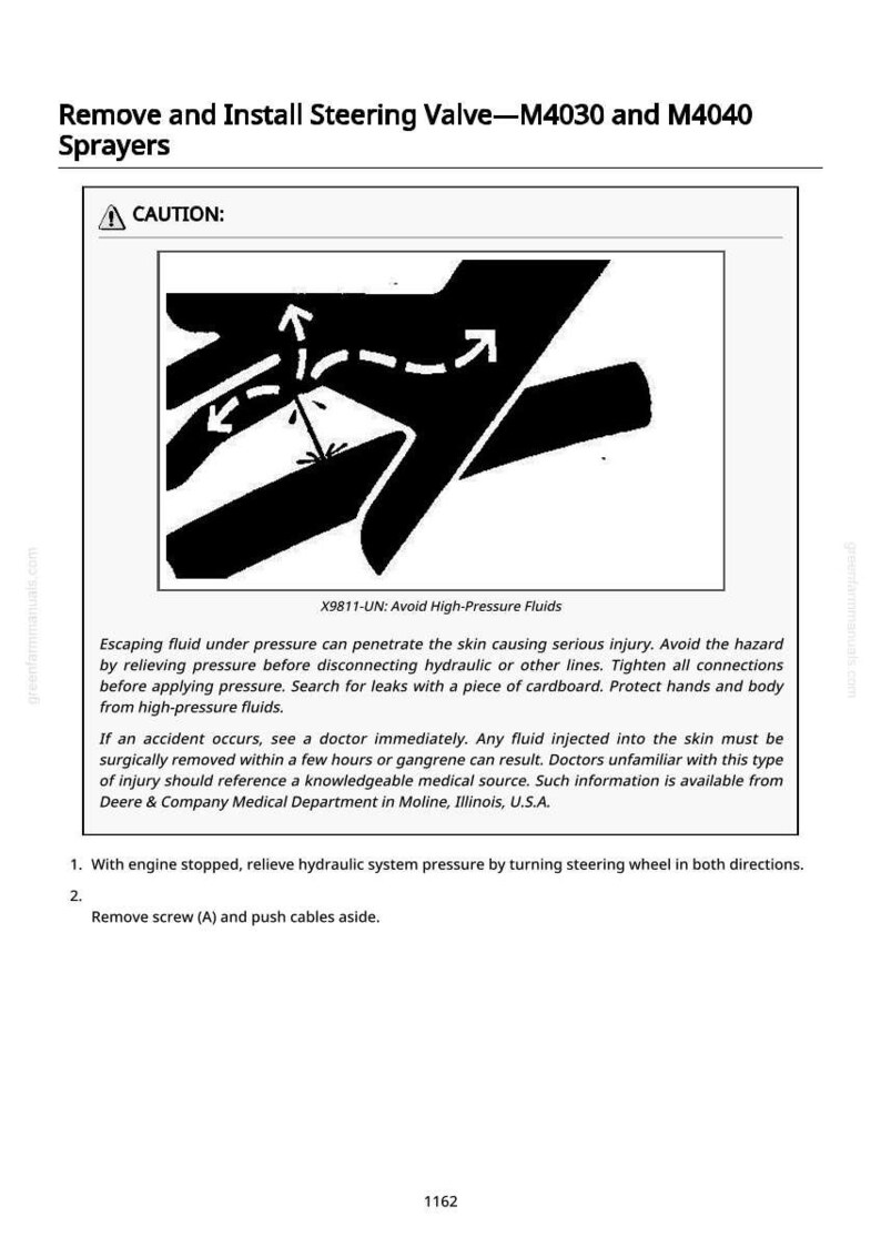 May include: A technical diagram with the text "Remove and Install Steering Valve" and a warning about high-pressure fluids. The diagram includes arrows and a caution symbol, with safety instructions to prevent injury.