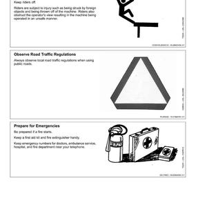 May include: A safety manual page with three illustrations. The first shows a person falling off a machine. The second shows a road sign. The third shows a first aid kit and fire extinguisher. Text includes safety instructions.