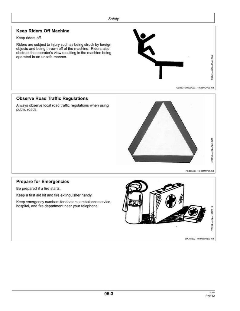 May include: A safety manual page with three illustrations. The first shows a person falling off a machine. The second shows a road sign. The third shows a first aid kit and fire extinguisher. Text includes safety instructions.