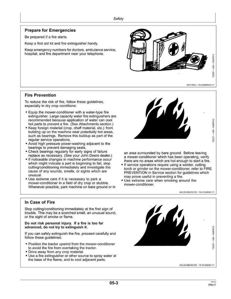 May include: A page from a safety manual with text and illustrations. Features a first aid kit, fire extinguisher, and a flame graphic. The text provides guidance on emergency preparedness, fire prevention, and actions to take in case of a fire.