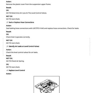 May include: A page from a manual detailing fault diagnosis steps. The text includes instructions for checking air connections, sealing hose connections, and identifying air leaks. An illustration of a level control component is also present.