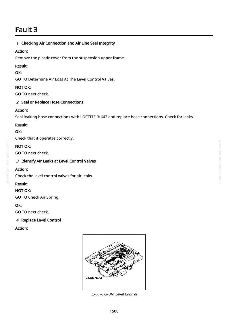 May include: A page from a manual detailing fault diagnosis steps. The text includes instructions for checking air connections, sealing hose connections, and identifying air leaks. An illustration of a level control component is also present.
