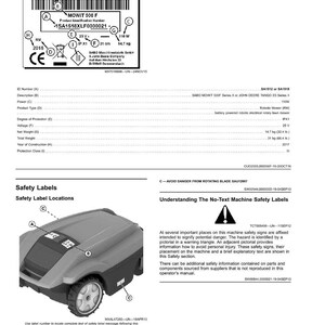 May include: Image of a robotic lawn mower with safety labels. The mower is grey and black with a wheel visible. Safety information includes voltage, weight, and a warning about rotating blades. Text includes "Safety Labels" and "MOWIT 500 F".